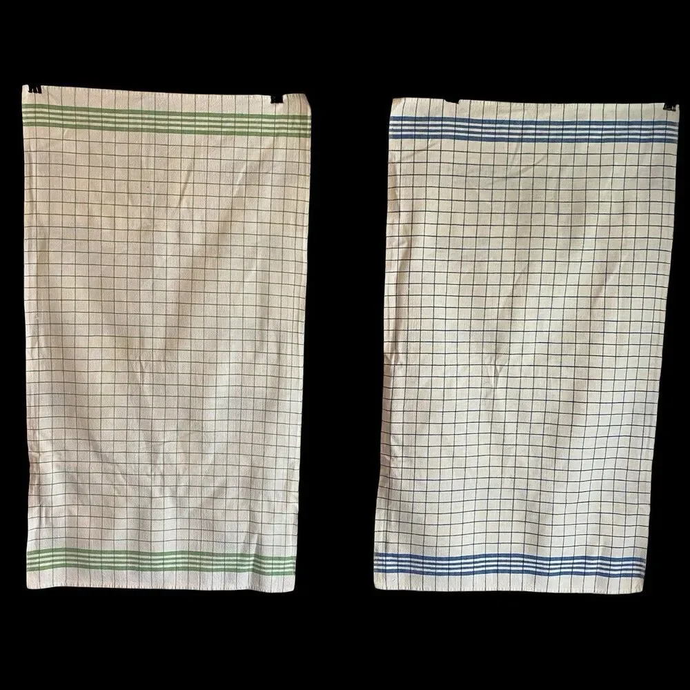 2 VTG Cotton Dish Towels Check Stripe Kitchen Tea Set 32” X 18” Farmhouse
